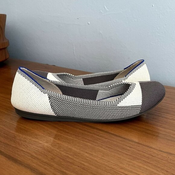 Rothy’s The Flat Round Cap Toe Plaid Black White Colorblock Retired Pattern - Picture 3 of 9